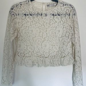 Zara White Lace Long-Sleeved Blouse